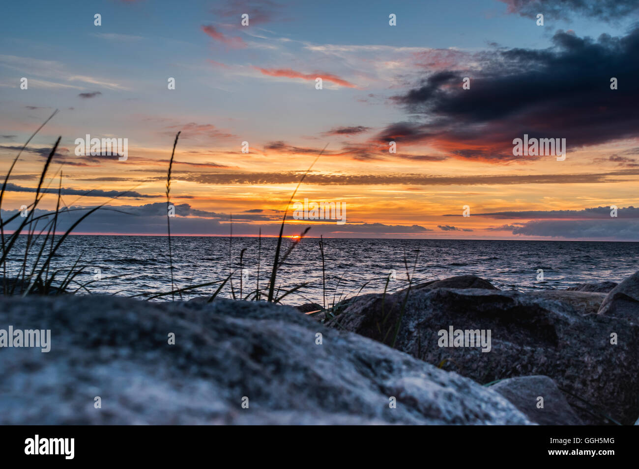 Beautiful sunset. Baltic sea shore in Latvia Stock Photo