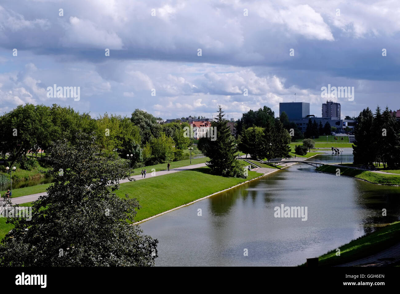 View of the Senvage lake (Billabong) park in the town of Panevezys in Lithuana. The town is still widely known, if indirectly, in the Jewish world, for the eponymous Ponevezh Yeshiva. Stock Photo