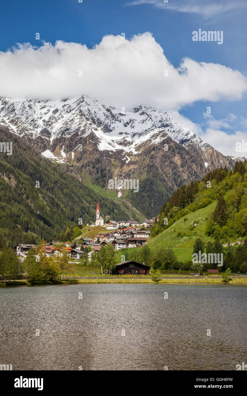 geography / travel, Italy, South Tyrol, Muehlwald, the village Muehlwald and the Hochgrubachspitze (peak) , Tauferer Ahrntal (Ahrn Valley), Additional-Rights-Clearance-Info-Not-Available Stock Photo