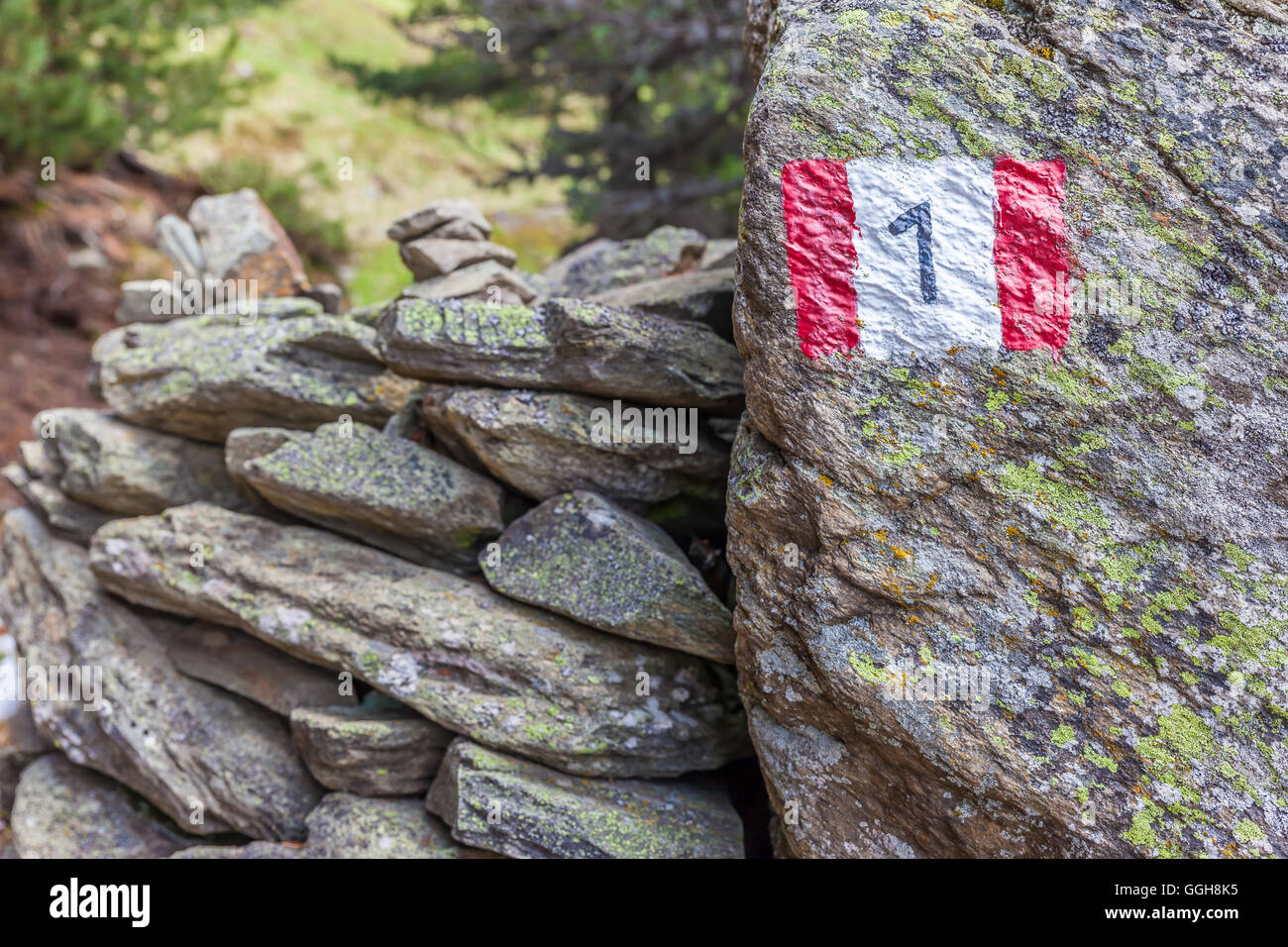 geography / travel, Italy, South Tyrol, way number 1 trail marker at a hiking trail, Additional-Rights-Clearance-Info-Not-Available Stock Photo