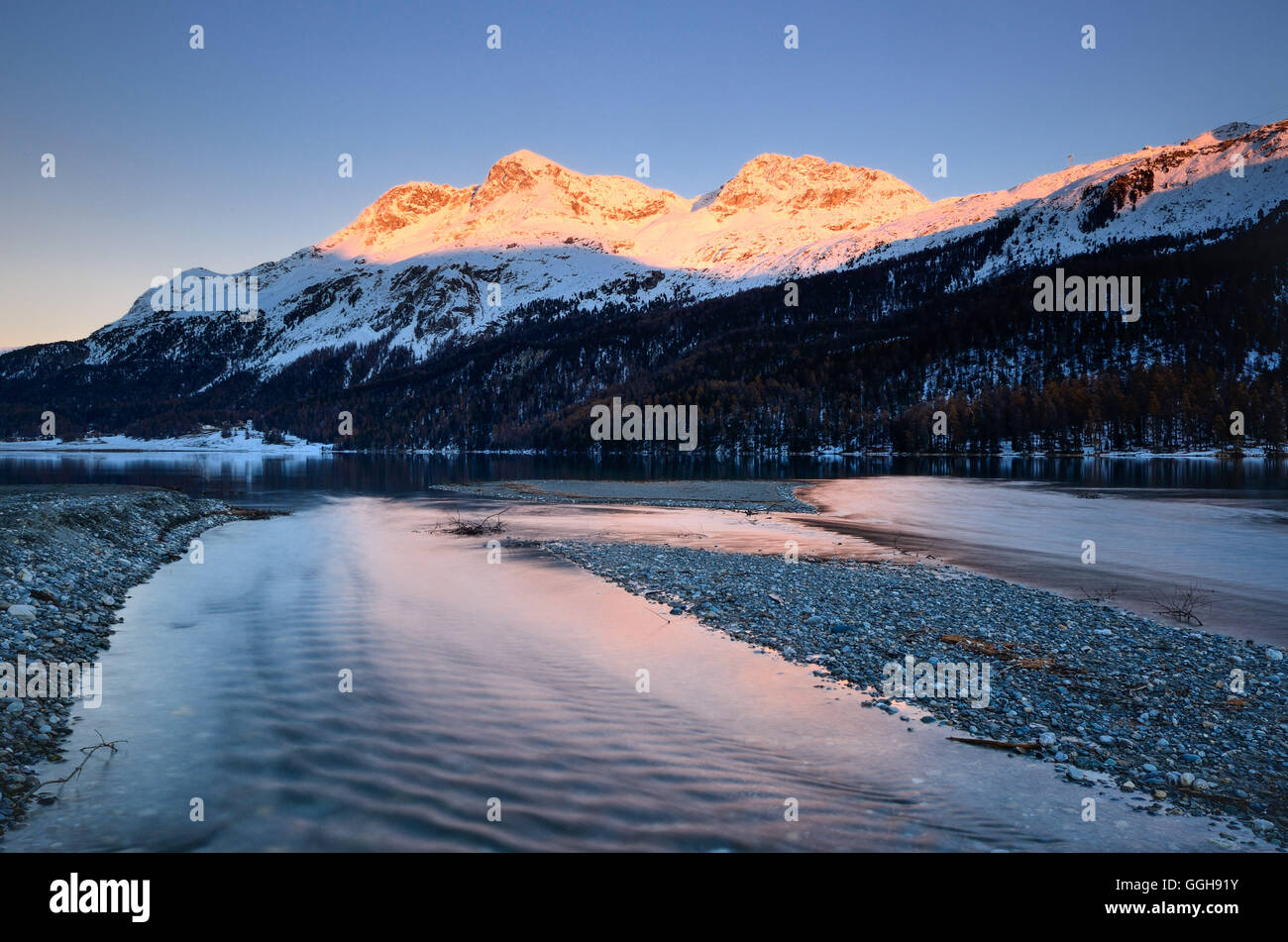Piz San Gian, Piz Surlej and Munt Arlas above Lake Silvaplana, Engadin, Grisons, Switzerland Stock Photo