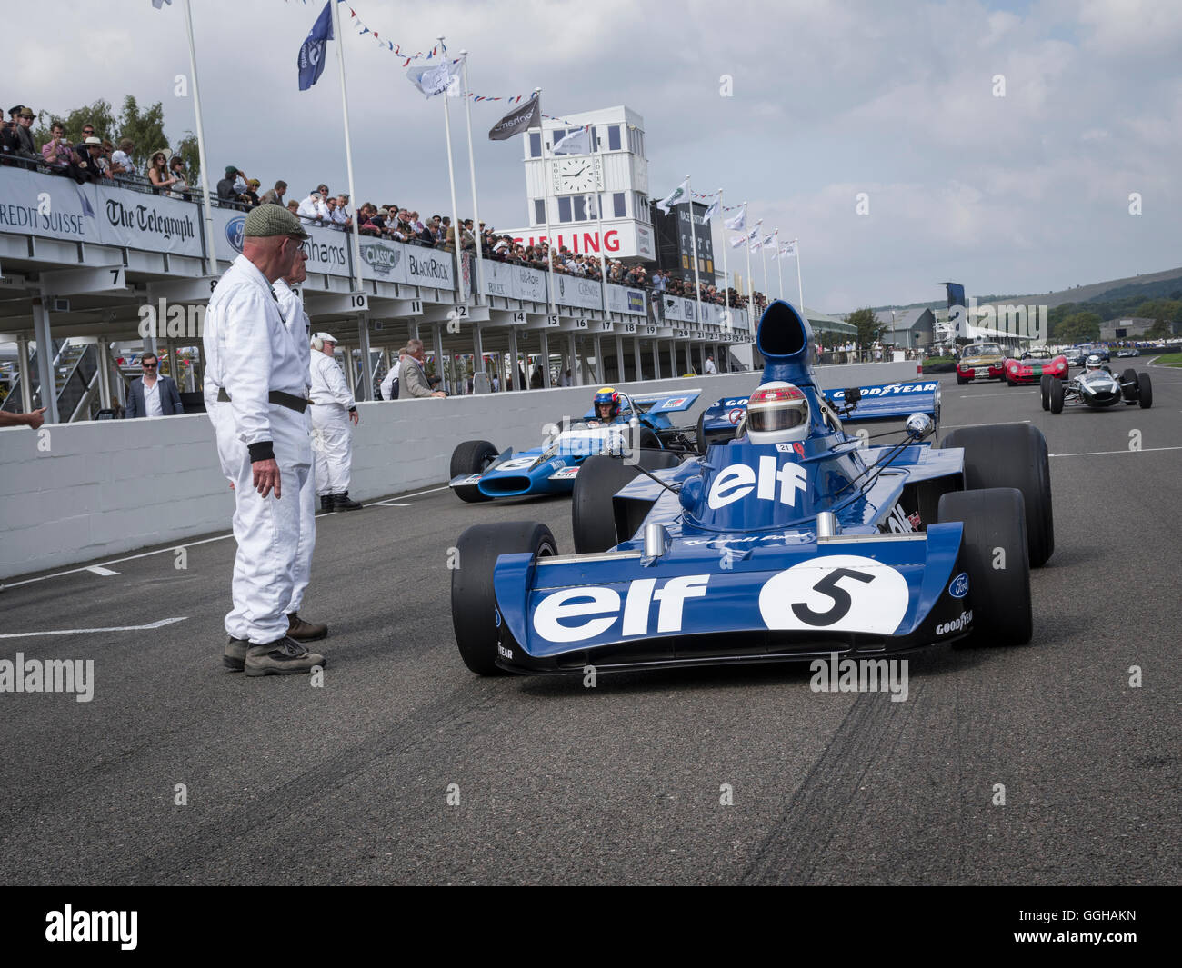 Sir Jackie Stewart, in his Tyrell 006 in which he won the 1973 world championship, Goodwood Revival 2014, Racing Sport, Classic Stock Photo