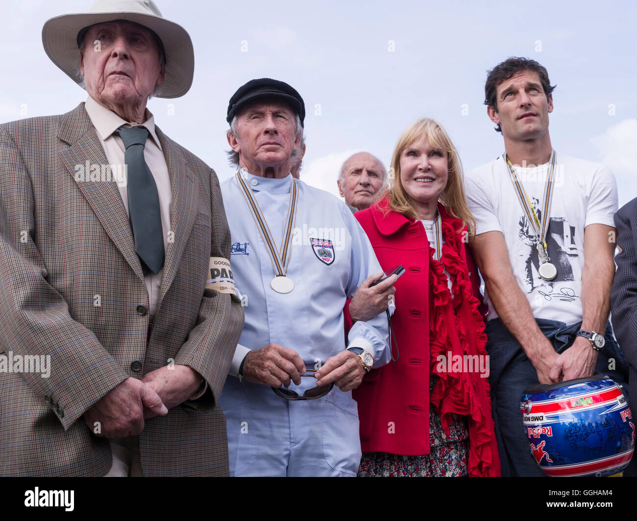 Sir Jackie Stewart (ML), Lady Helen Stewart (MR), Mark Webber (R), Goodwood Revival 2014, Racing Sport, Classic Car, Goodwood, C Stock Photo
