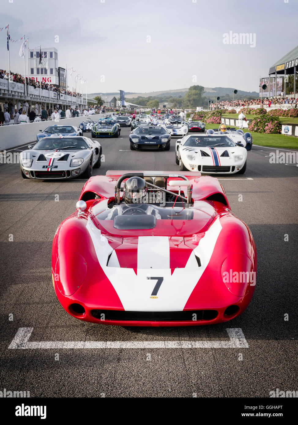 1966 Lola-Chevrolet T70 Mk2 Spyder, Goodwood Revival 2014, Racing Sport, Classic Car, Goodwood, Chichester, Sussex, England, Gre Stock Photo