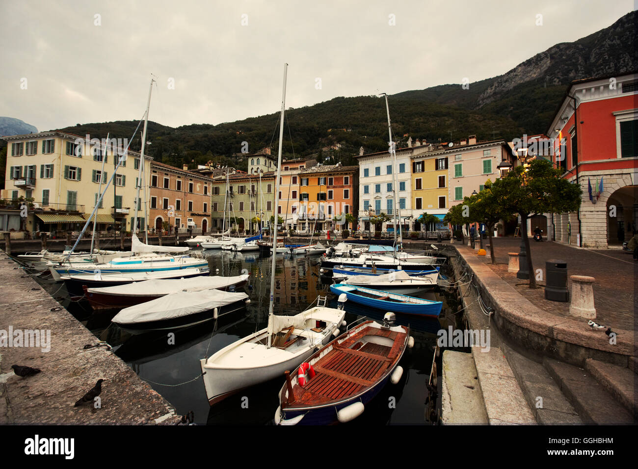 Boats in marina, Gargnano, Lake Garda, Lombardy, Italy Stock Photo