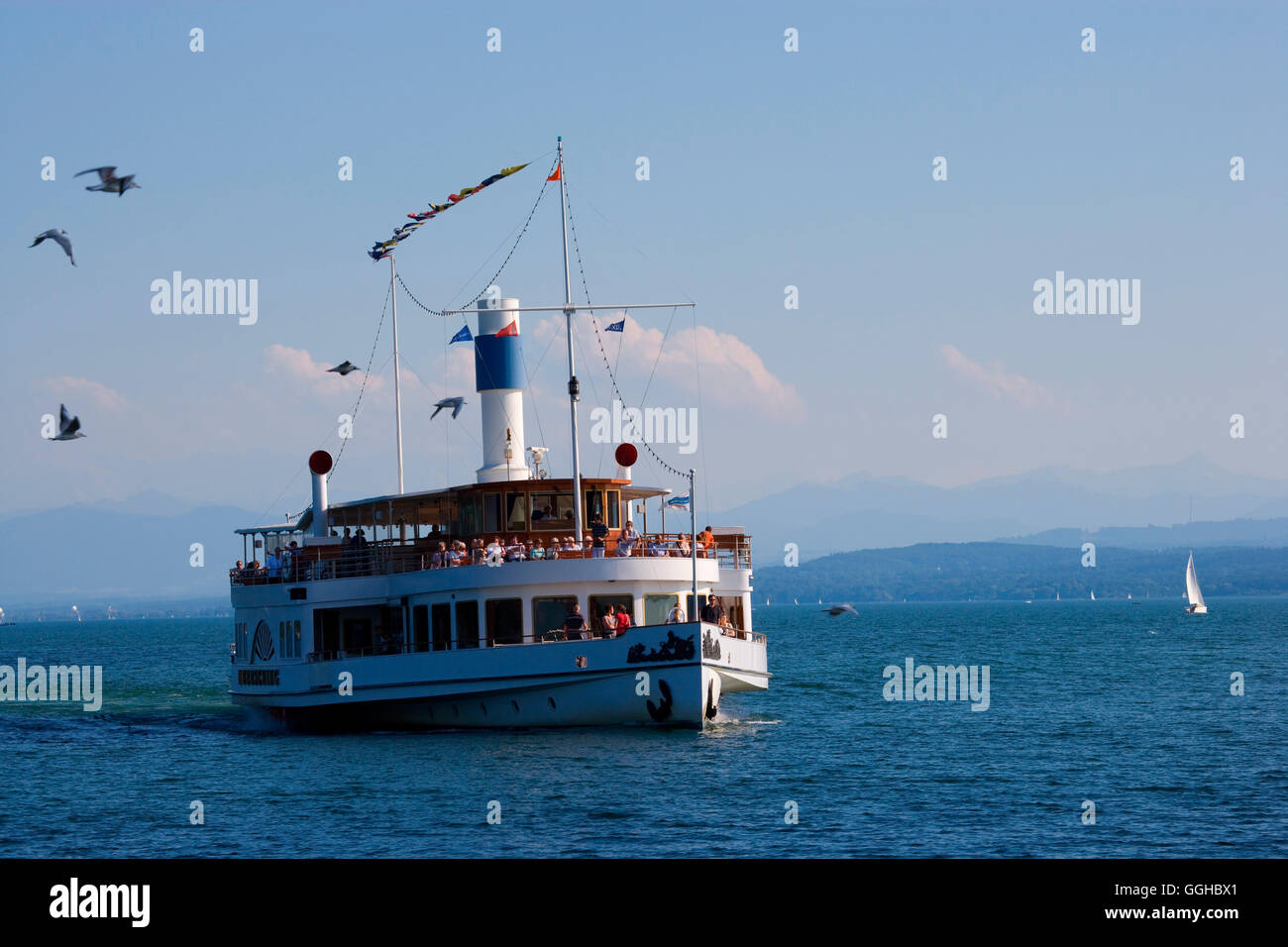 Excursion ship on lake Ammersee, Upper Bavaria, Bavaria, Germany Stock Photo
