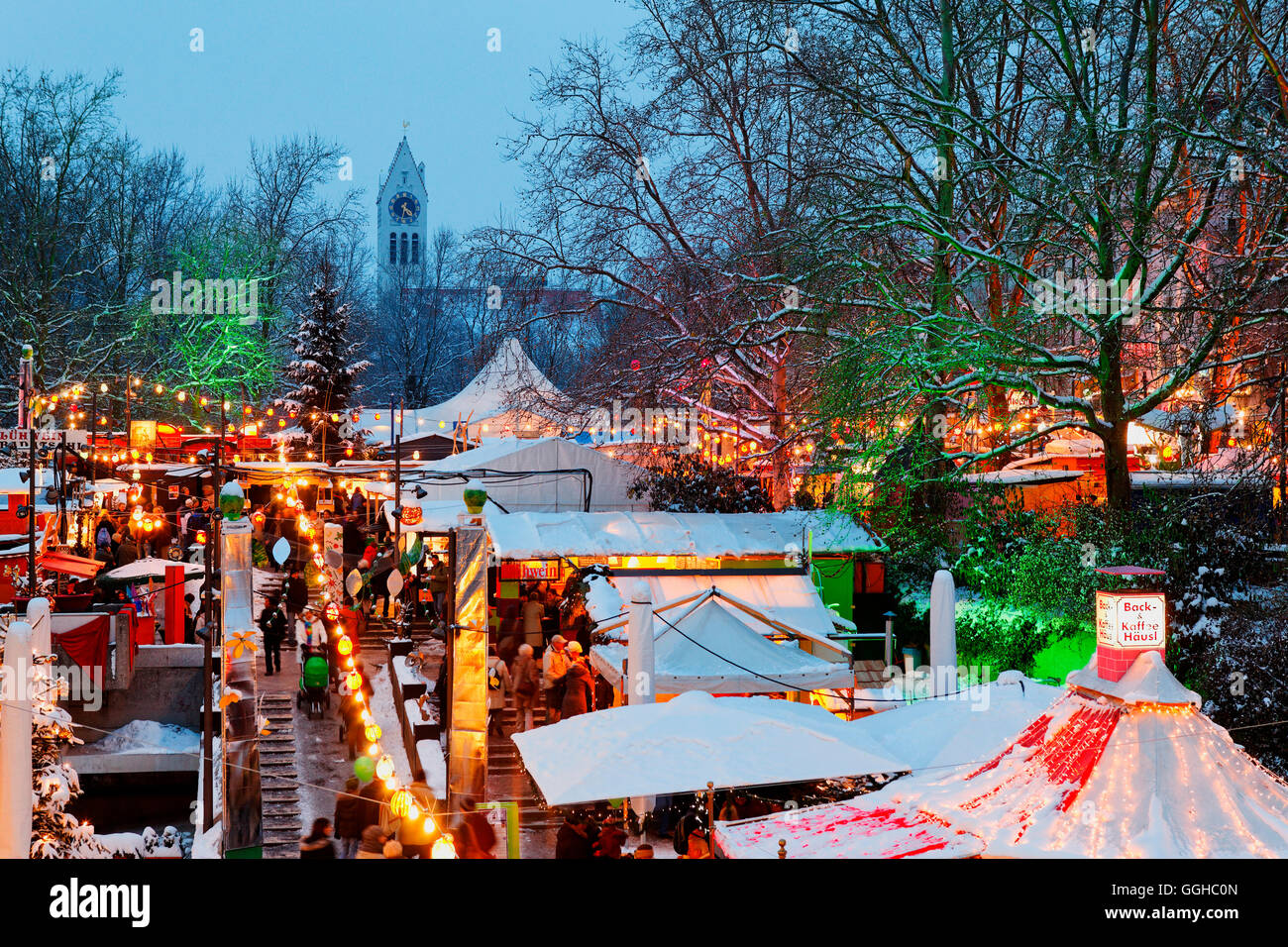 Christmas market, Muenchner Freiheit, Schwabing, Munich, Upper Bavaria, Bavaria, Germany Stock Photo