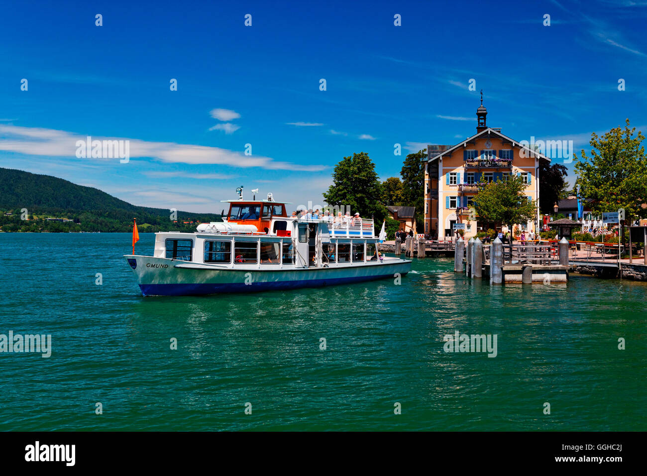 Pier and cityhall, Tegernsee, Upper Bavaria, Bavaria, Germany Stock Photo