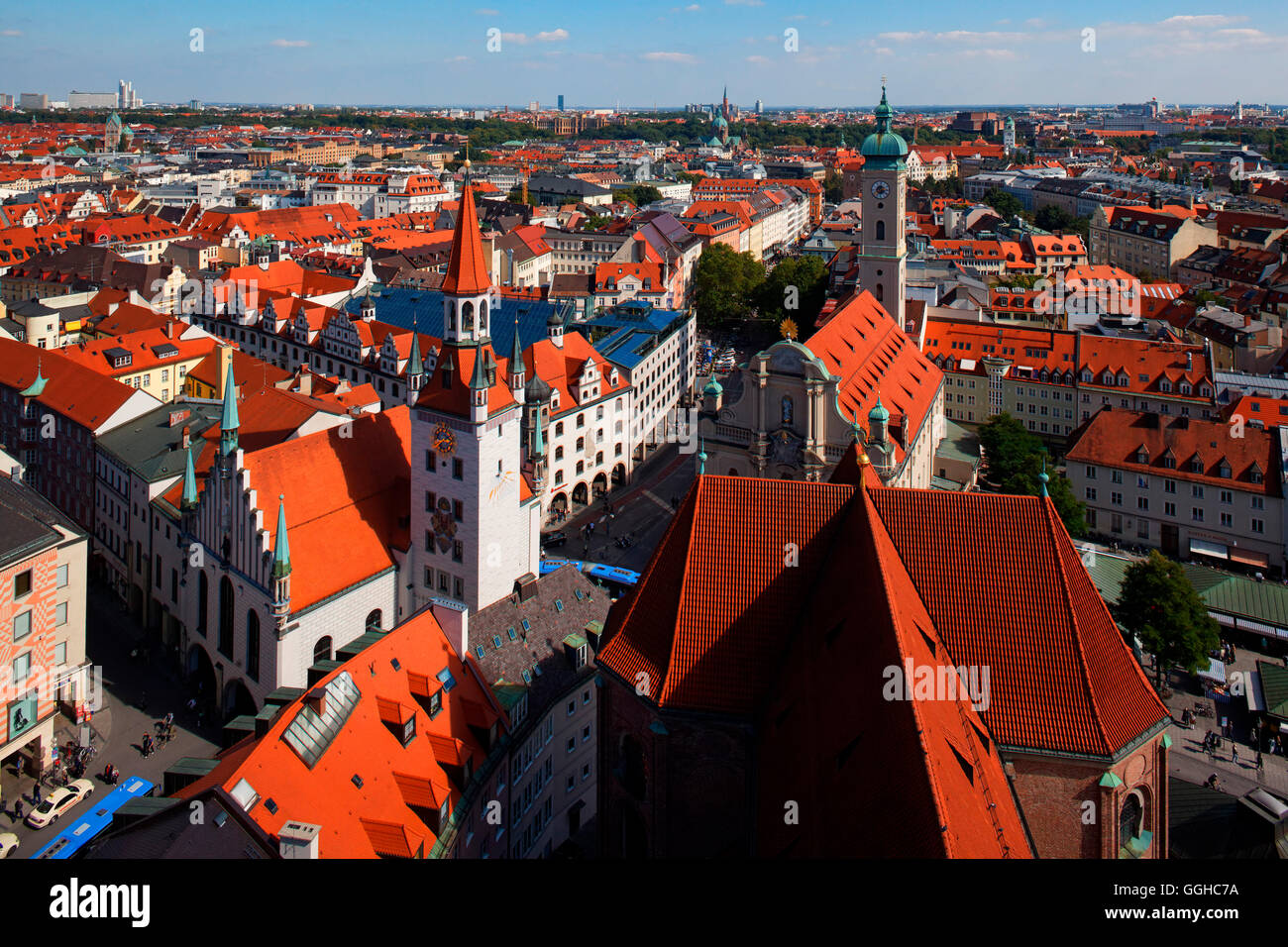 View from the observation deck of St Peter's church to the old city hall and Heilig-Geist church, Munich, Upper Bavaria, Bavaria Stock Photo