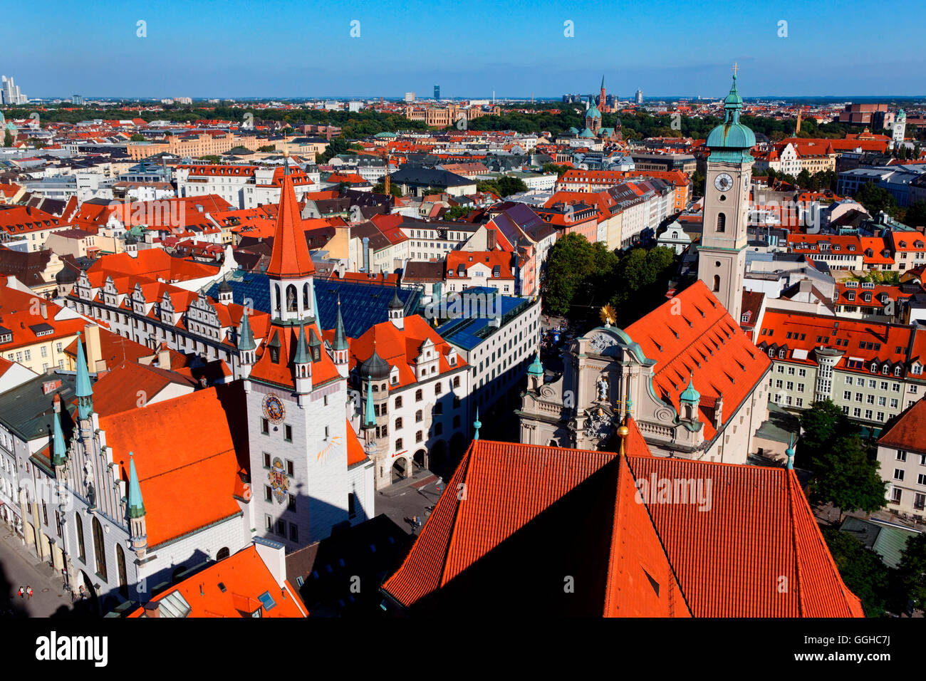 View from the observation deck of St Peter's church to the old city hall and Heilig-Geist church, Munich, Upper Bavaria, Bavaria Stock Photo
