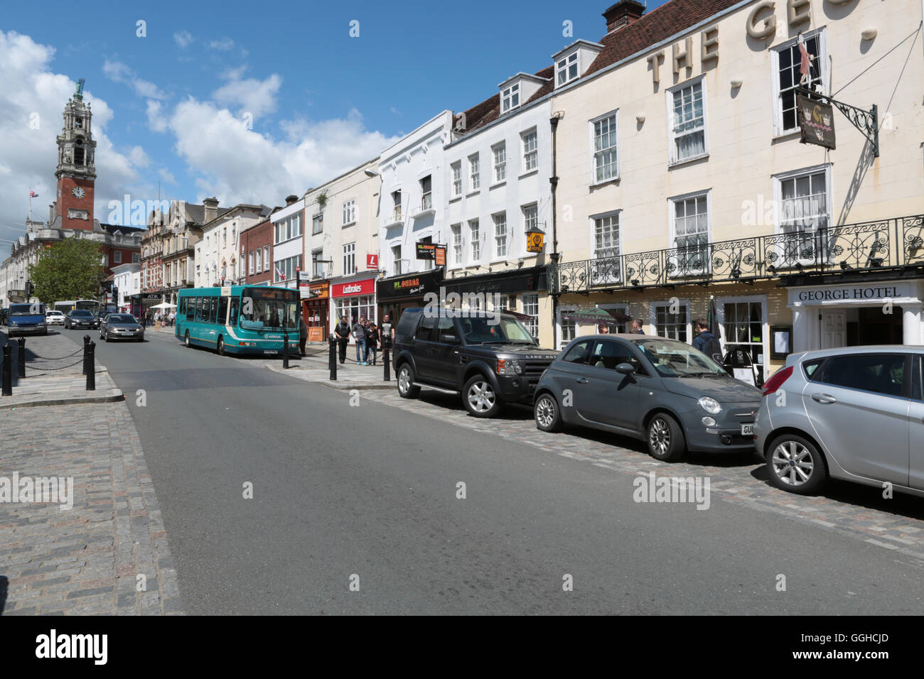 Colchester High Street on a summers day showing the town hall in the background Stock Photo