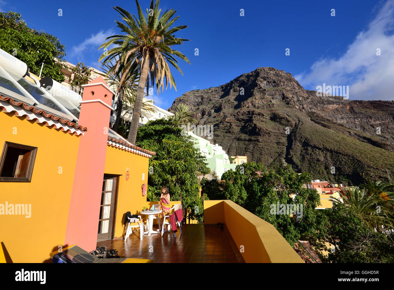 Terrace of a hotel in La Calera, Valle Gran Rey, La Gomera, Canary Islands, Spain Stock Photo