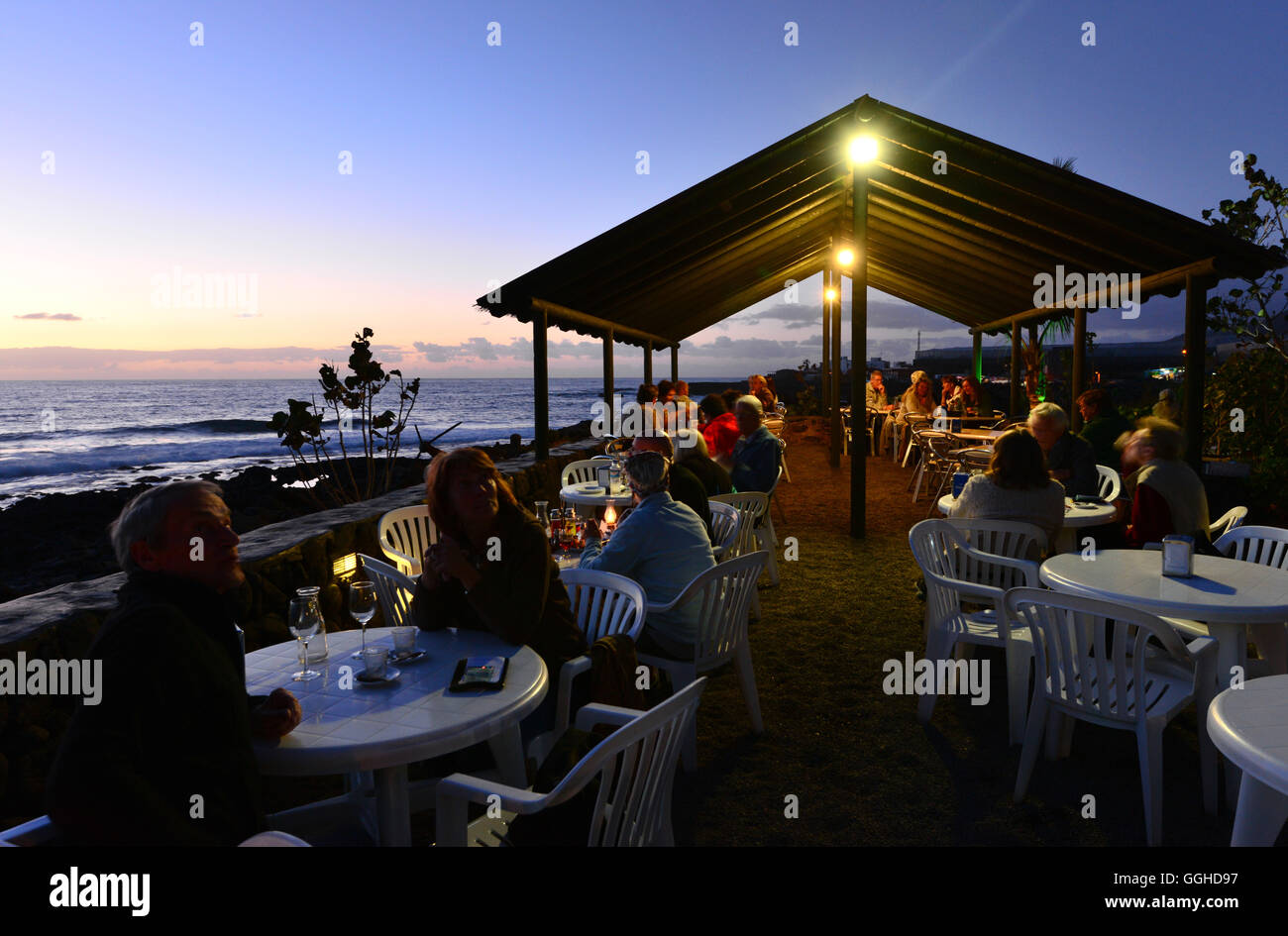 Beach bar in the evening, El Remo, La Palma, Canary Islands, Spain Stock Photo