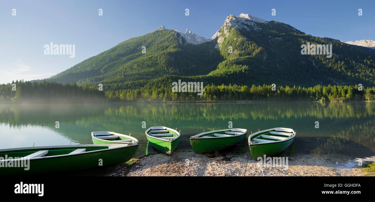 Boats at lake Hintersee, Berchtesgadener Land, Bavaria, Germany Stock Photo
