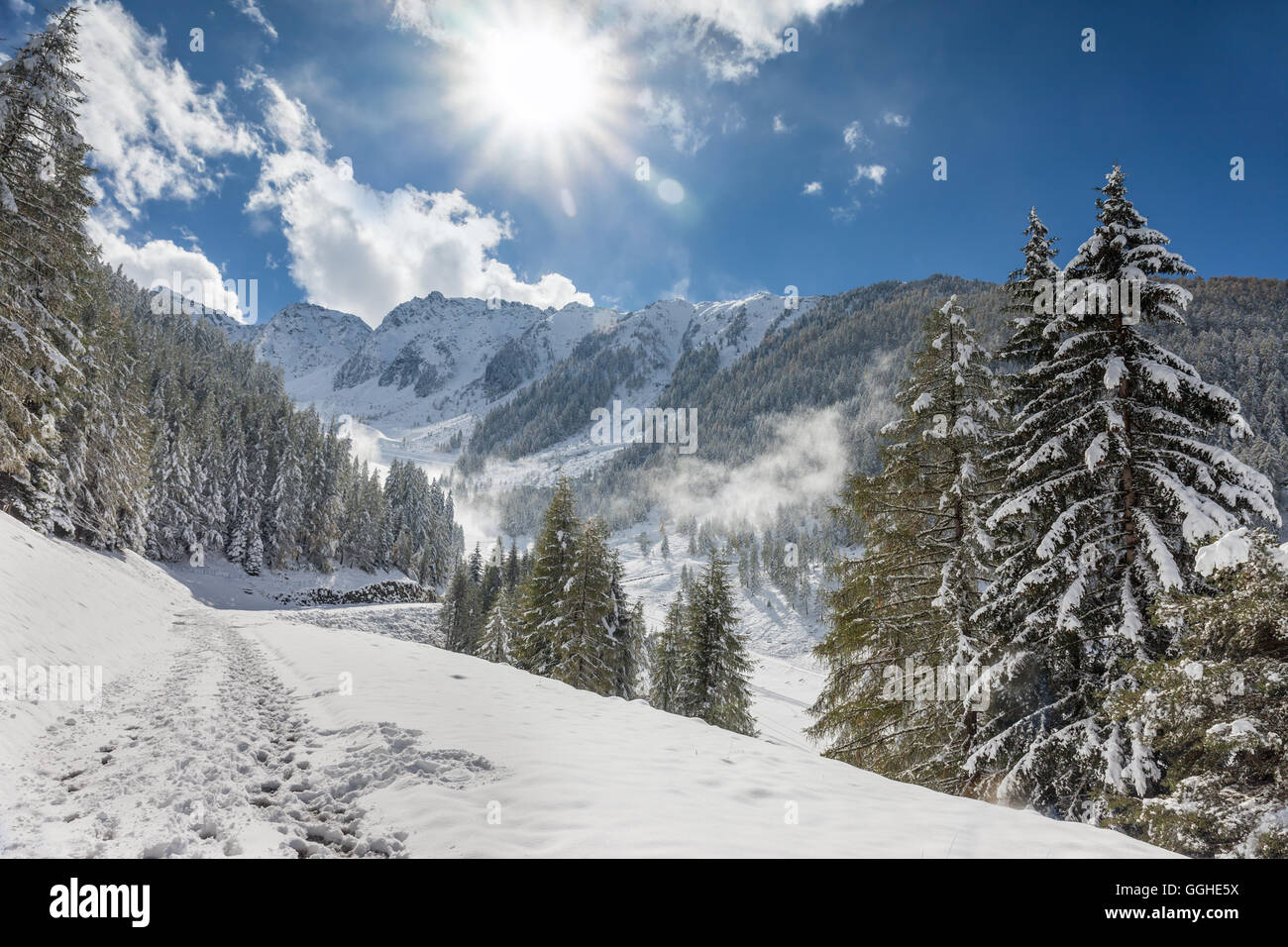 geography / travel, Italy, South Tyrol, wintry hiking trail on the Klausberg, Ahrntal (Ahrn Valley) , Additional-Rights-Clearance-Info-Not-Available Stock Photo