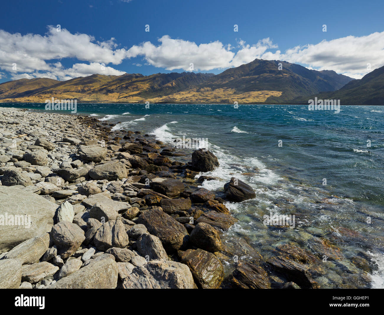 Shore of Lake Wanaka, Otago, South Island, New Zealand Stock Photo