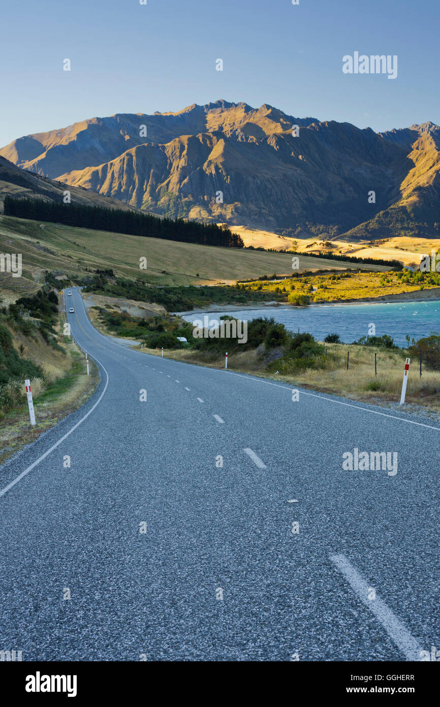 Road at Lake Hawea, Makarora, Otago, South Island, New Zealand Stock Photo