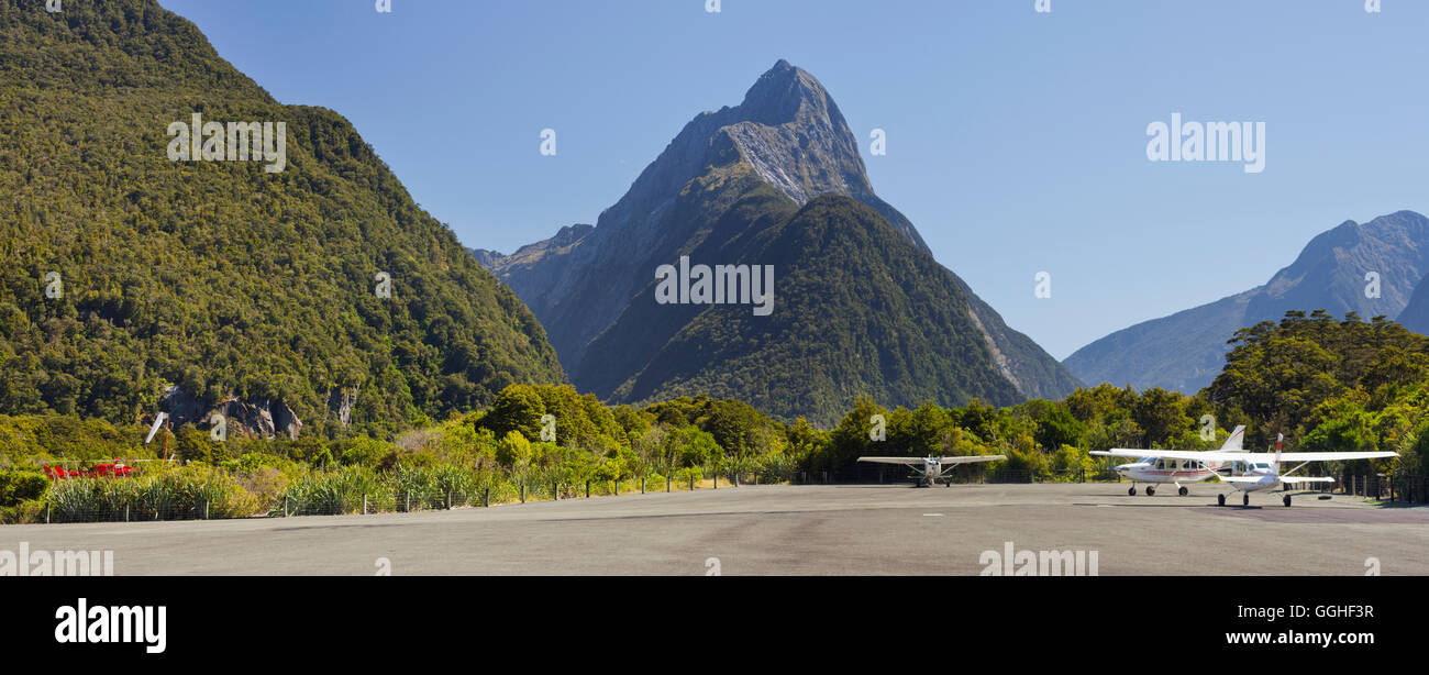Airfield, Milford Sound, Fiordland National Park, Southland, South Island, New Zealand Stock Photo