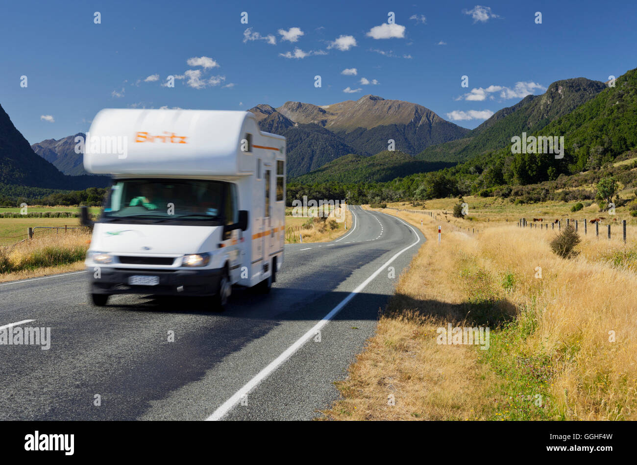 Camper van on the highway Nummer 94, Te Anau to Milford, Fiordland, Southland, South Island, New Zealand Stock Photo