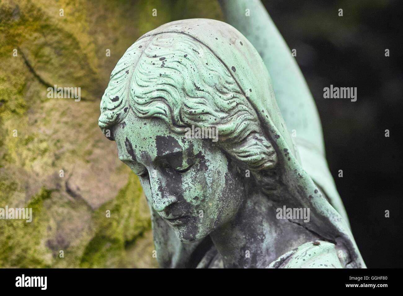 Sculpture sadly woman, girl, grave sculpture, sadly face, sorrowful / Grab-Skulptur, trauernde Frau Stock Photo
