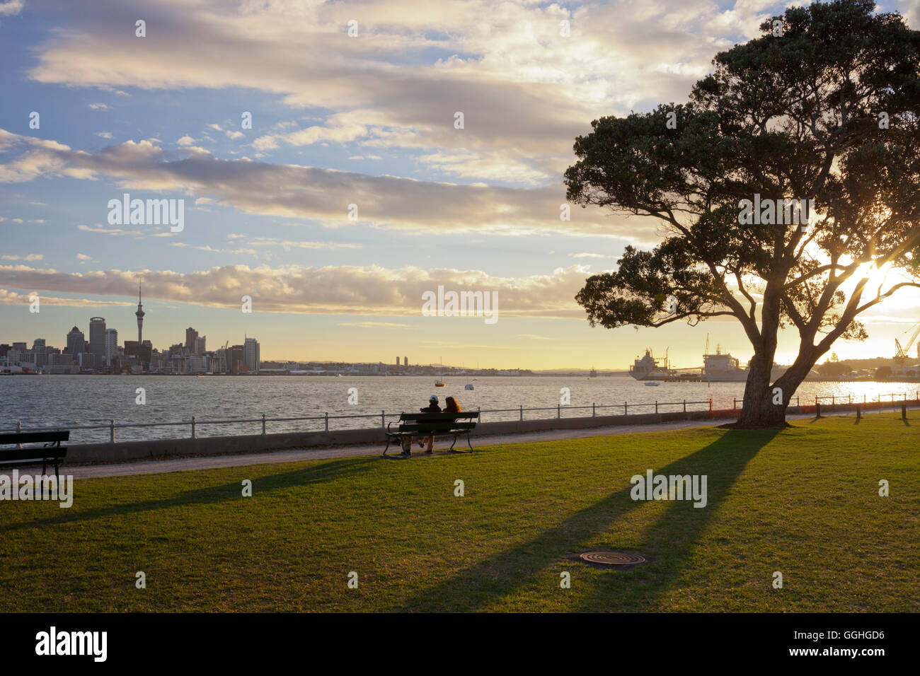 Couple sitting on a bench looking at the Auckland skyline, Stanley Bay, North Island, New Zealand Stock Photo