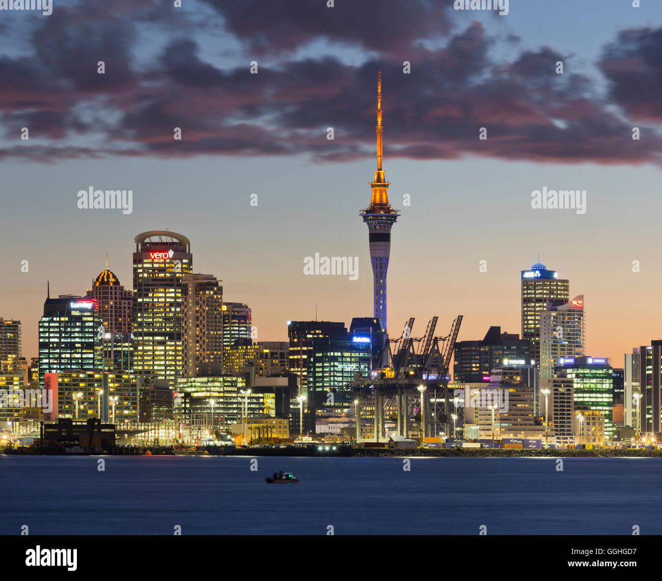 Auckland Skyline in the evening, Stanley Bay, North Island, New Zealand Stock Photo