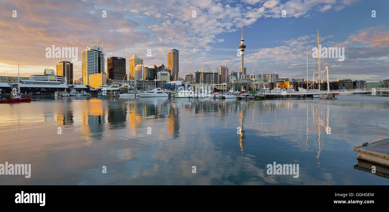Auckland Skyline with Jachts, Wynyard Crossing, Viaduct Basin, Harbour, North Island, New Zealand Stock Photo