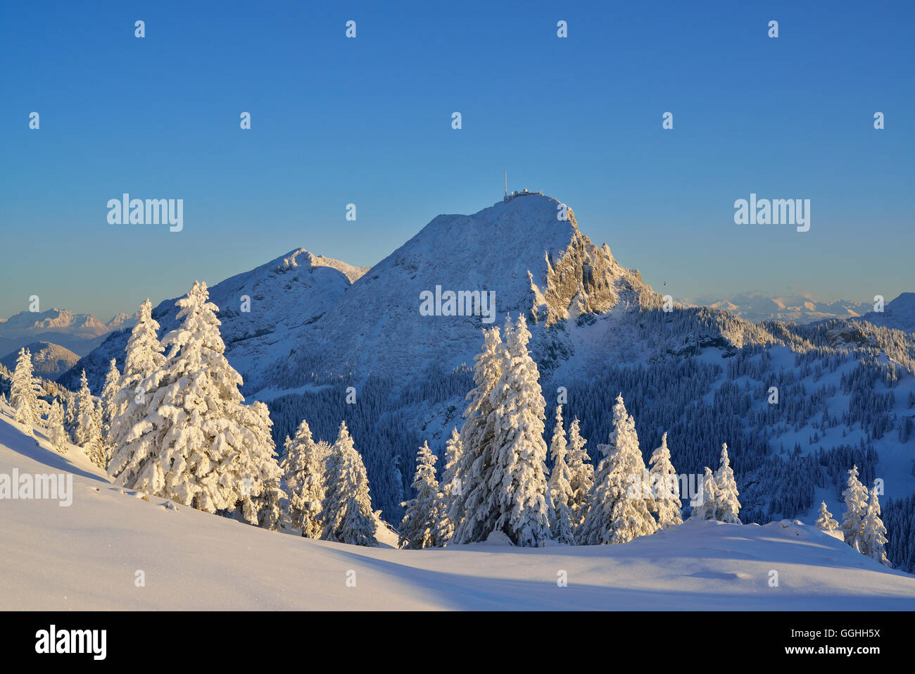 Winter mountain scenery with mount Wendelstein, Breitenstein, Mangfall Mountains, Bavarian Prealps, Upper Bavaria, Bavaria, Germ Stock Photo