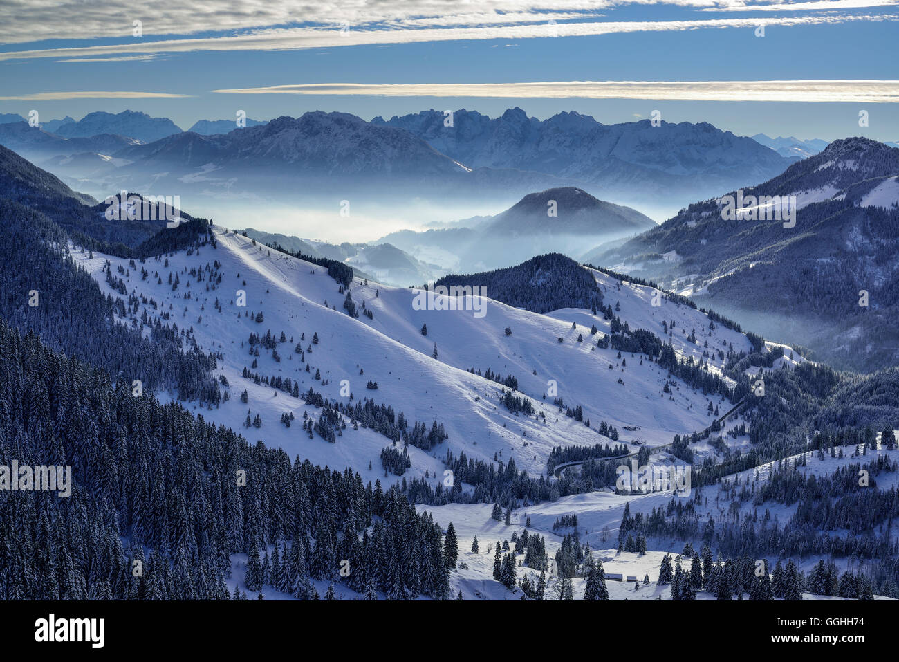 Sudelfeld with Kaiser Mountains in background, Wildalmjoch, Bavarian Prealps, Upper Bavaria, Germany Stock Photo