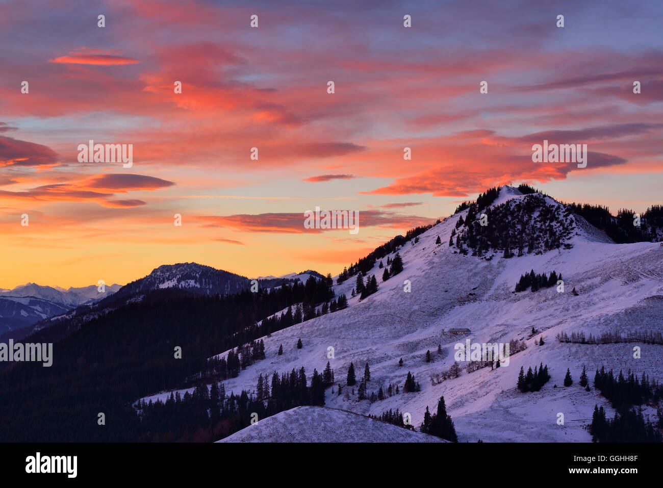 Farrenpoint at dusk, Mangfall Mountains, Bavarian Prealps, Upper Bavaria, Germany Stock Photo