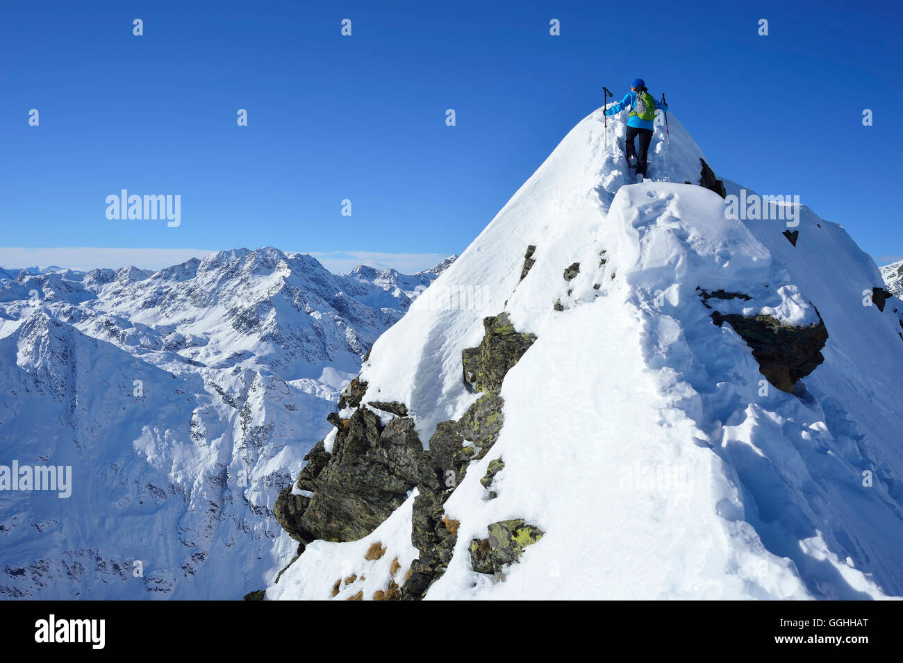 Female back-country skier ascending to Aeusseres Hocheck, Pflersch valley, Stubai Alps, South Tyrol, Italy Stock Photo
