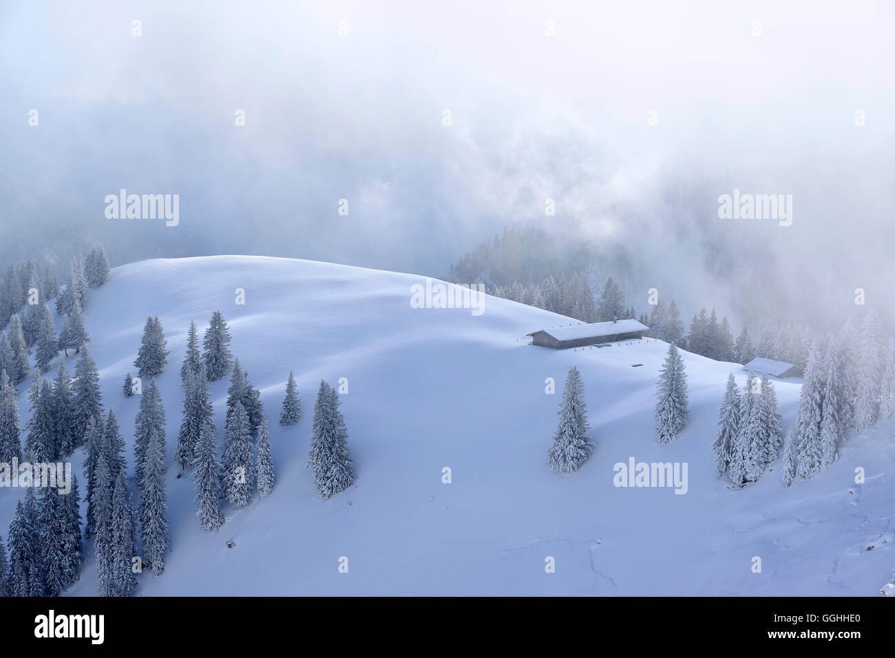 Snow-covered alpine hut, Wallberg, Bavarian Prealps, Upper Bavaria ...