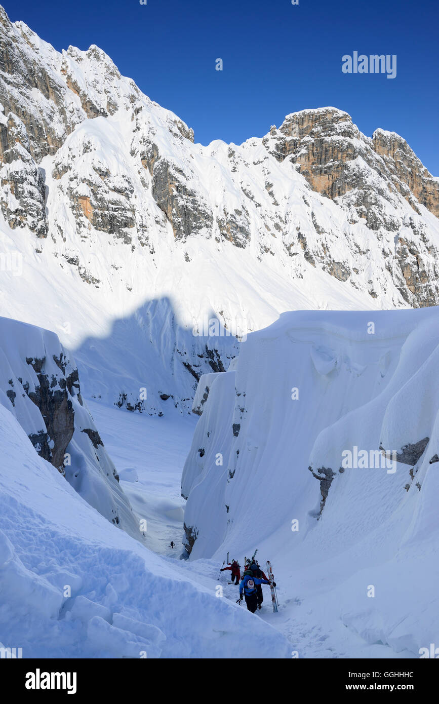 Back-country skiers ascending through a canyon to Cristallo wind gap, Cristallo, Dolomites, Belluno, Veneto, Italy Stock Photo