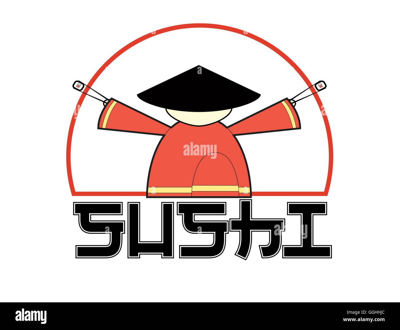 Sushi logo. Samurai holding chopsticks with sushi. Isolated illustration. Vector. Stock Vector