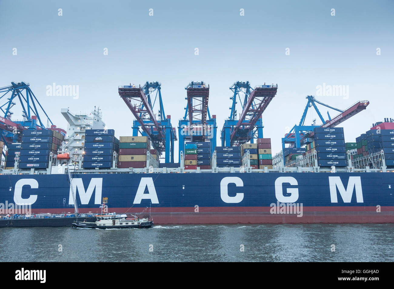 Loading and unloading of the container ship CMA CGM Marco Polo in the