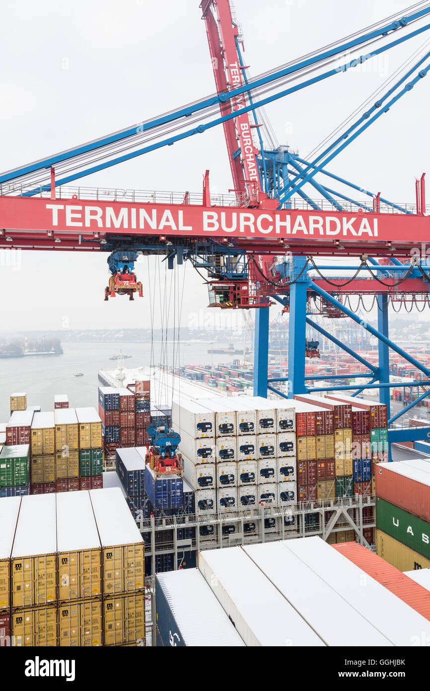 Loading and unloading of the container ship CMA CGM Marco Polo in the