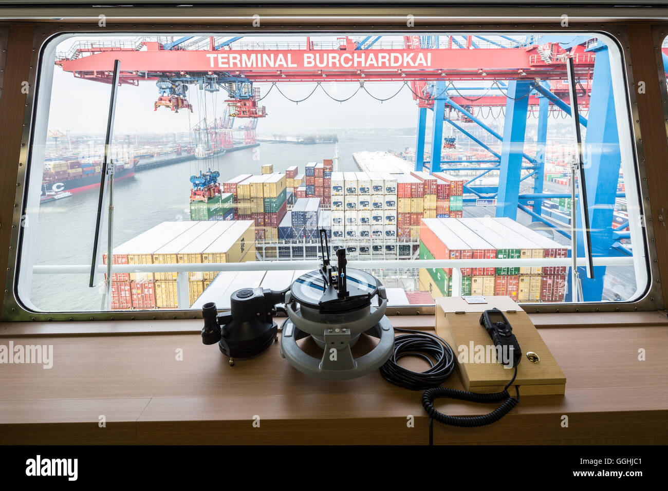 View from the ship's bridge of the bug from the CMA CGM Marco Polo in the  Container Terminal Burchardkai, Hamburg, Germany Stock Photo - Alamy