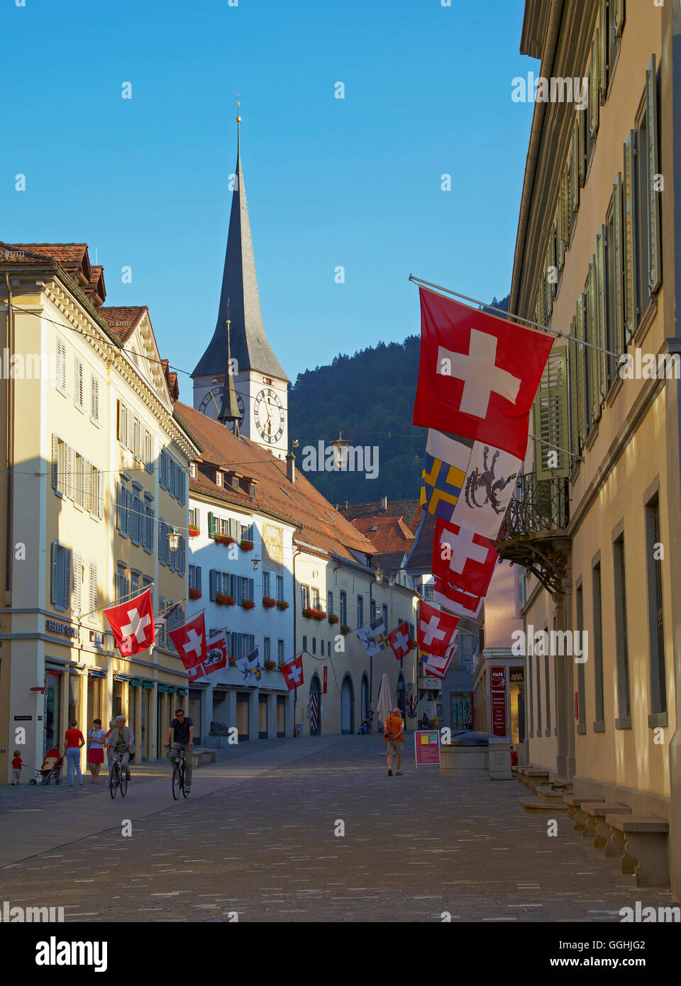 Poststrasse and tower of St. Martins church, Old city of Chur, Alpenrhein, Rhine, Canton of Grisons, Switzerland, Europe Stock Photo