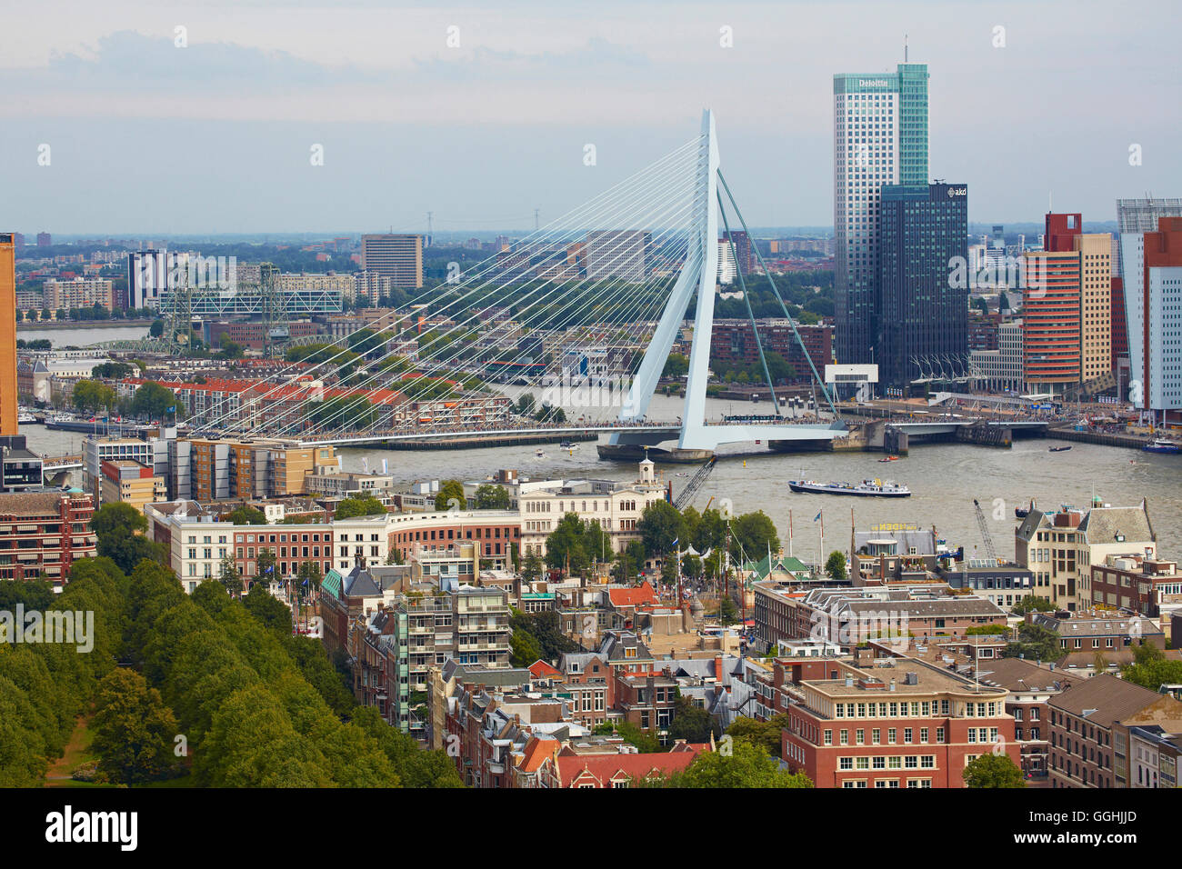View from the Euromast Tower at the harbour, Erasmus bridge, Skyline, Rotterdam, Province of Southern Netherlands, South Holland Stock Photo