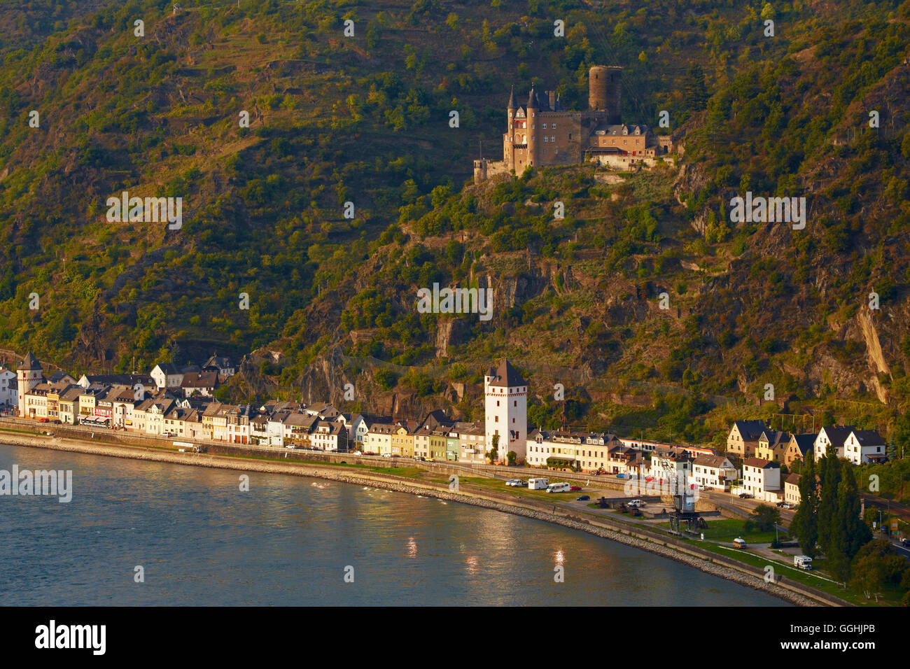 View from the Loreley at the river Rhine, St. Goarshausen, Burg Katz, Mittelrhein, Middle Rhine, Rhineland-Palatinate, Germany, Stock Photo
