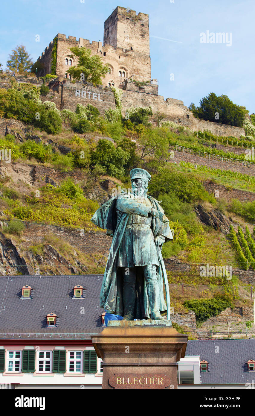 Gutenfels castle with Bluecher memorial at Kaub, Mittelrhein, Middle Rhine, Rhineland-Palatinate, Germany, Europe Stock Photo