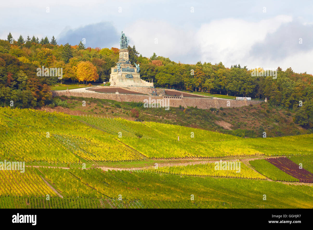 View across the river Rhine to vineyards and the Niederwald memorial near Rudesheim, Mittelrhein, Middle Rhine, Hesse, Germany, Stock Photo