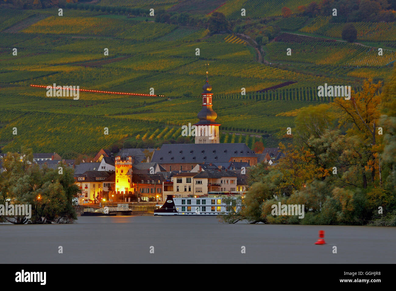 View across the river Rhine to vineyards, Adlerturm and the church St. Jakobus in Rudesheim, Mittelrhein, Middle Rhine, Hesse, G Stock Photo