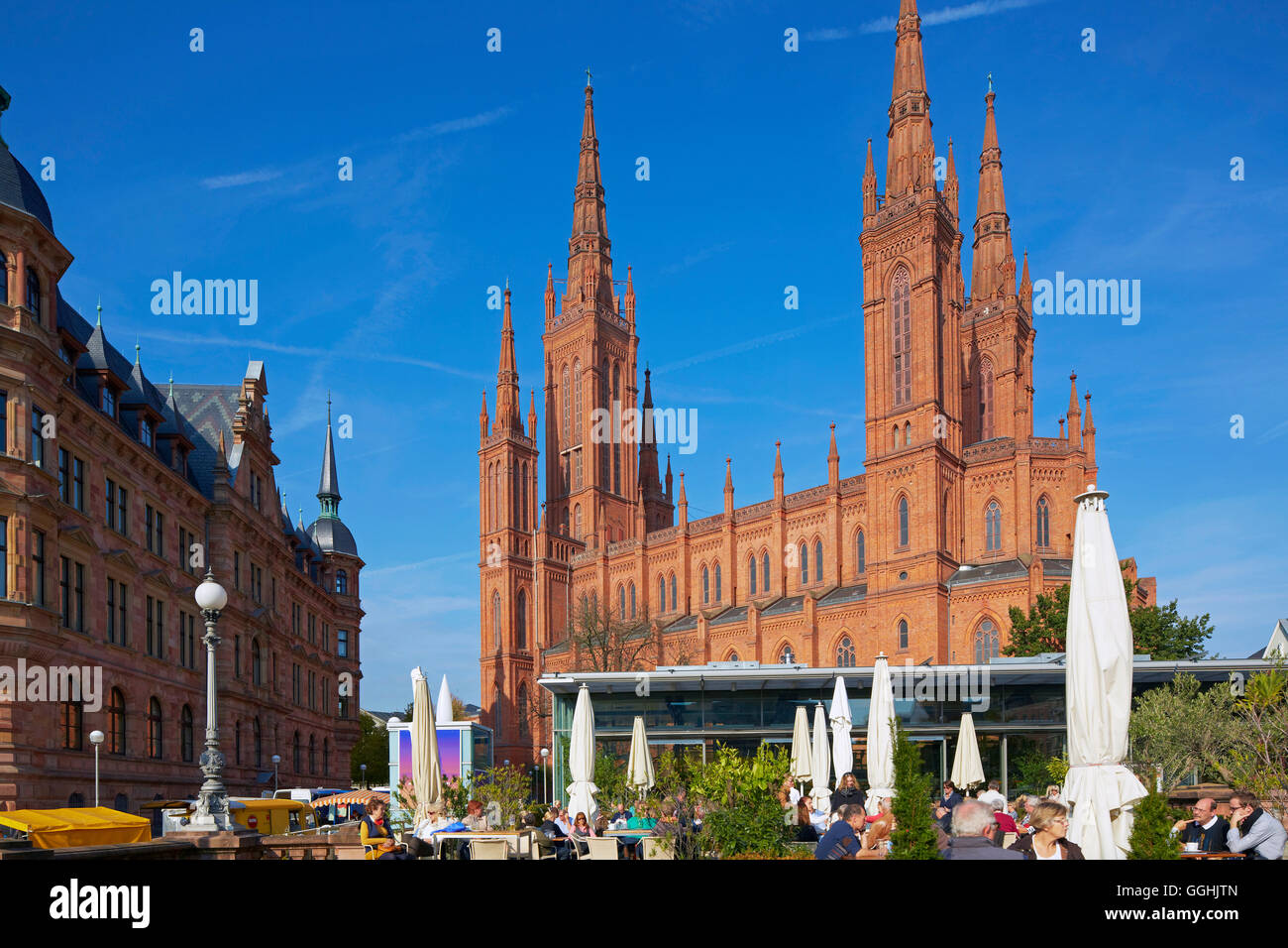 Townhall, Neues Rathaus, and parish church, Marktkirche, Wiesbaden, Mittelrhein, Middle Rhine, Hesse, Germany, Europe Stock Photo