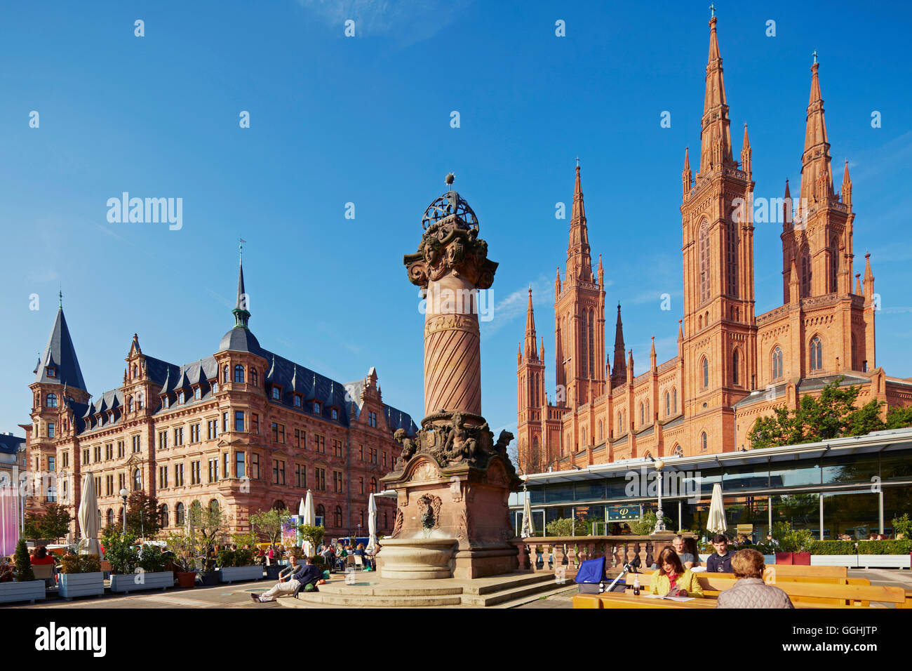 Town hall, Neues Rathaus, and church, Marktkirche, with column, Marktsaeule, Wiesbaden, Mittelrhein, Middle Rhine, Hesse, German Stock Photo