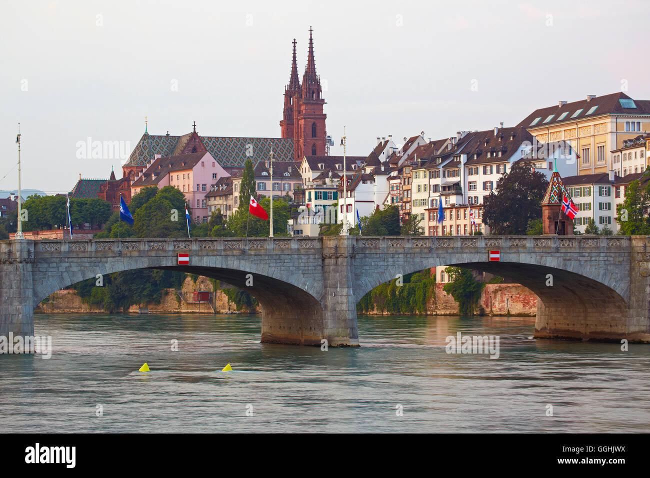 View across the river Rhine to the bridge, Mittlere Buecke and the Minster, Basel, Switzerland, Europe Stock Photo