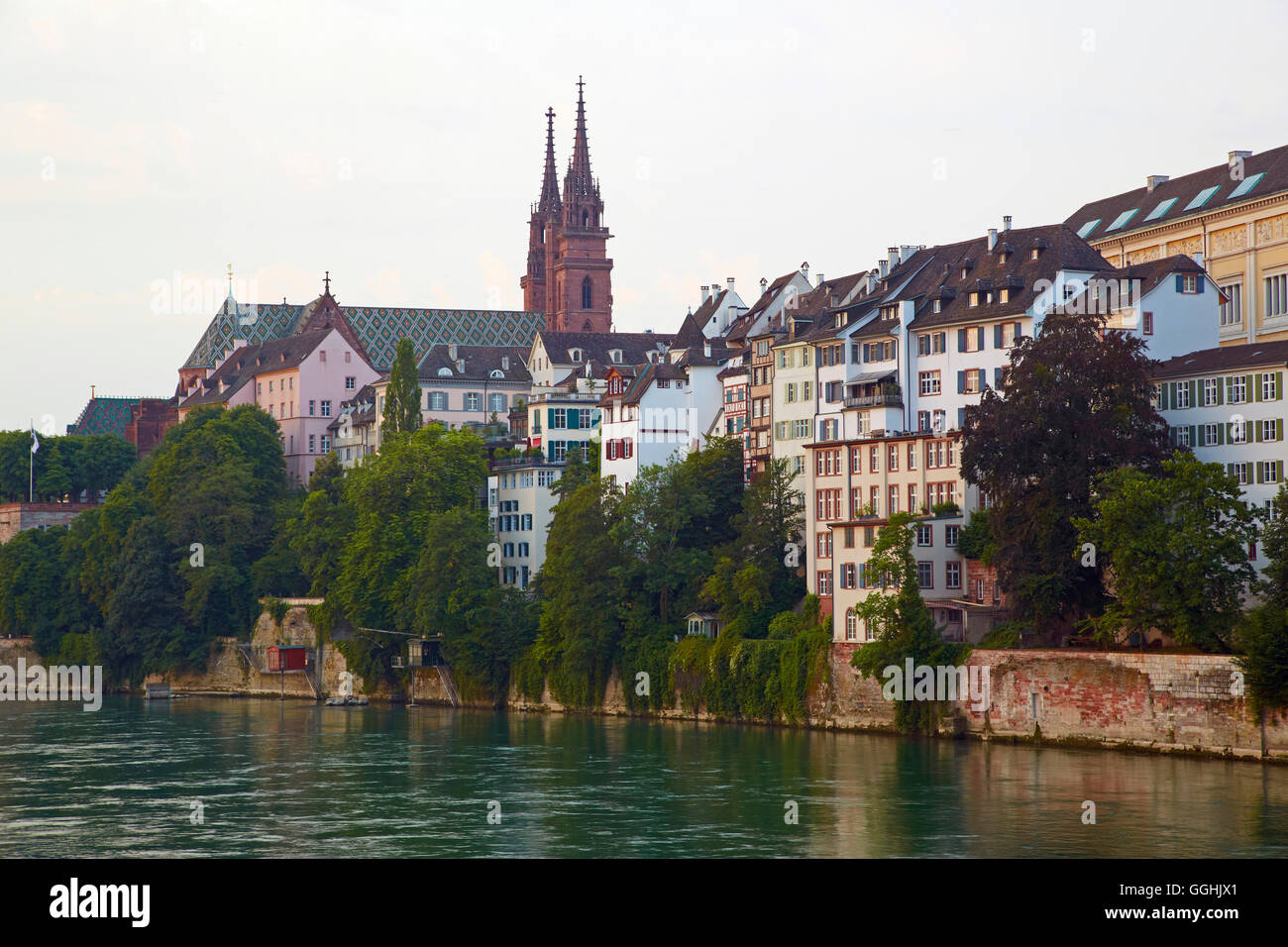 View across the river Rhine to the Minster, Basel, Switzerland, Europe Stock Photo