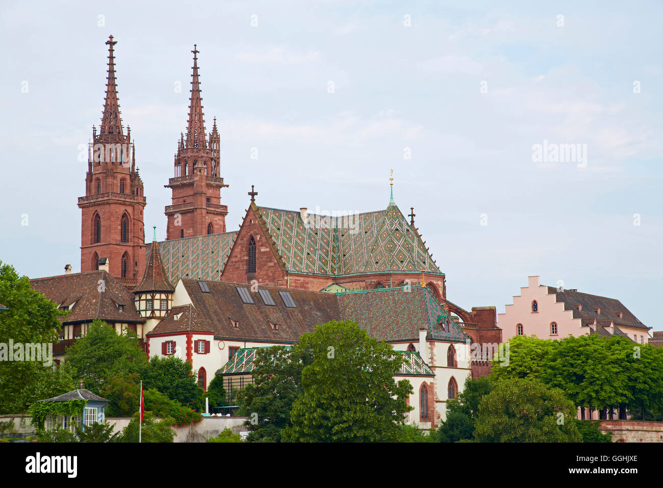 View over the river Rhine to the Minster, Basel, Switzerland, Europe Stock Photo