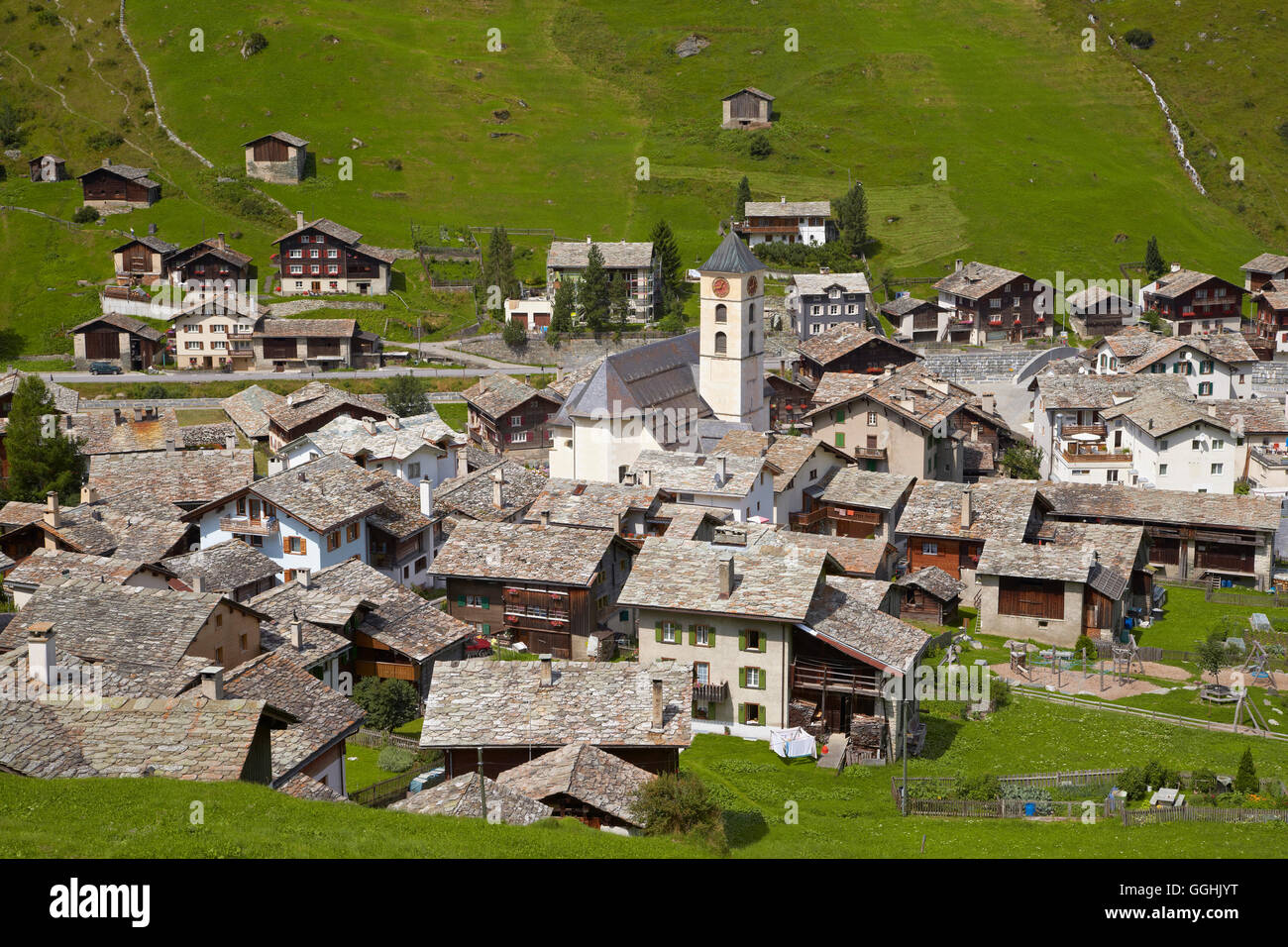 View of the village of Vals, Spa, Valserrhein, Rhine, Canton of Grisons, Switzerland, Europe Stock Photo