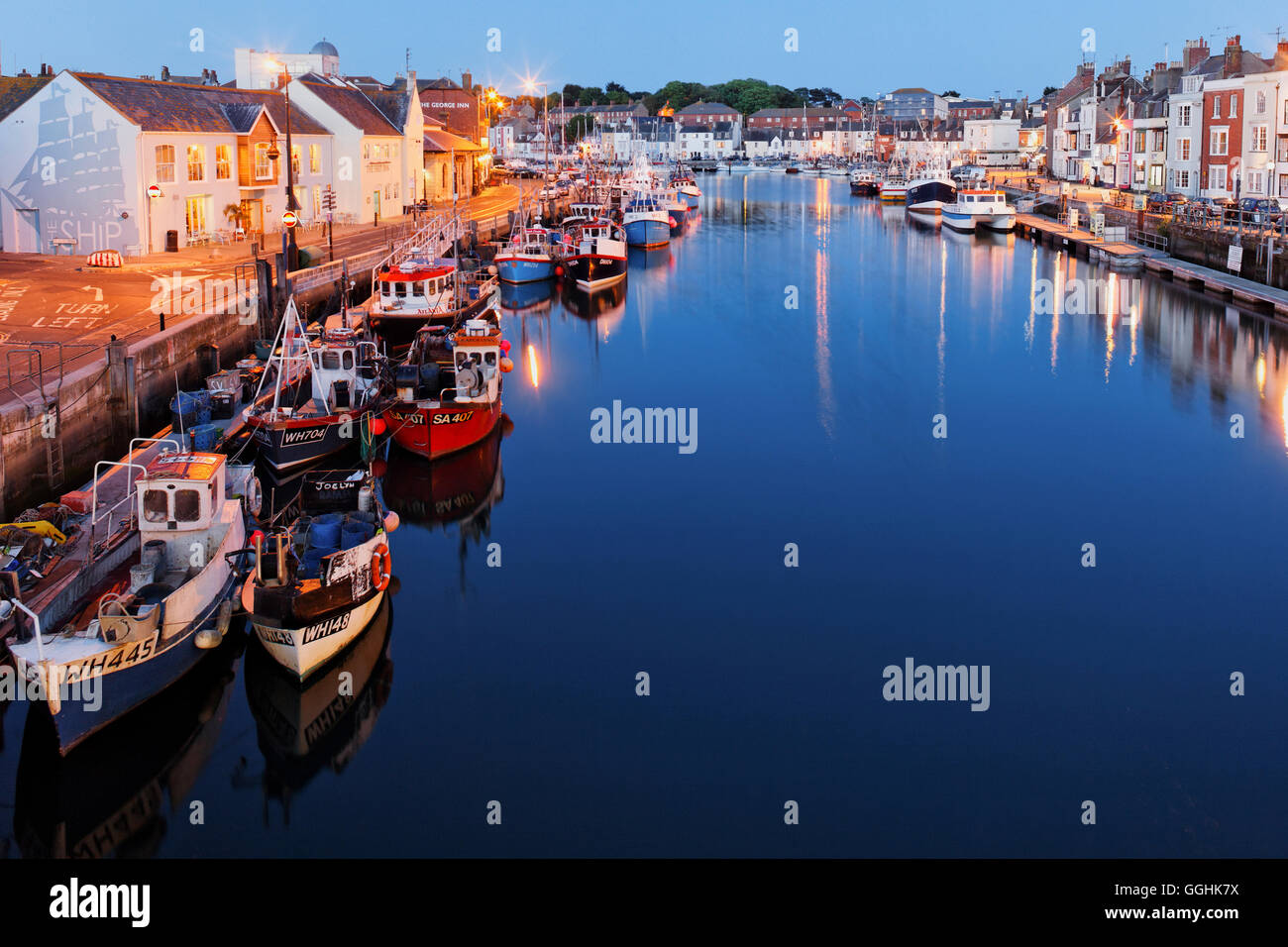 Weymouth Harbour at night, Weymouth, Dorset, England, Great Britain Stock Photo